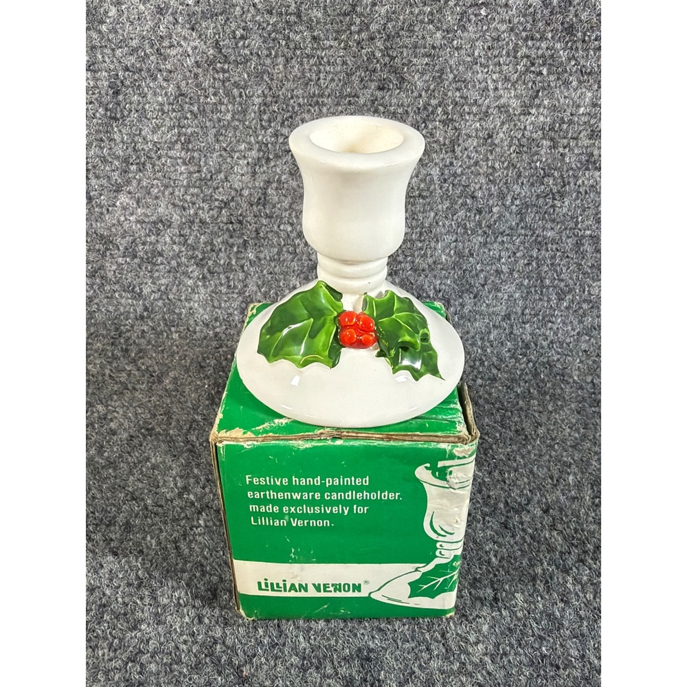 Vintage Lillian Vernon Holly Berry Earthenware Candle Holder Christmas NIB 4554